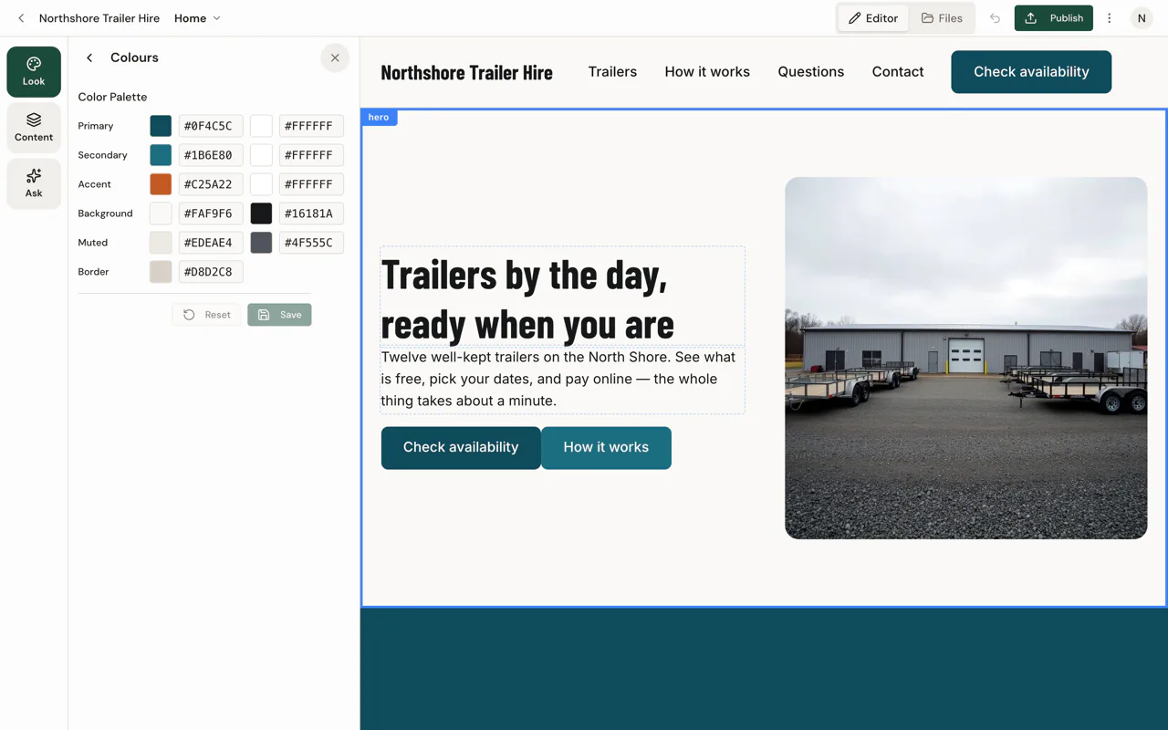 The Vashana editor with the colour panel open beside a live preview of the site.