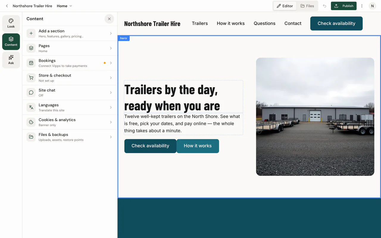 The editor’s Content panel open, listing pages, sections, booking, store and language settings beside a live preview.