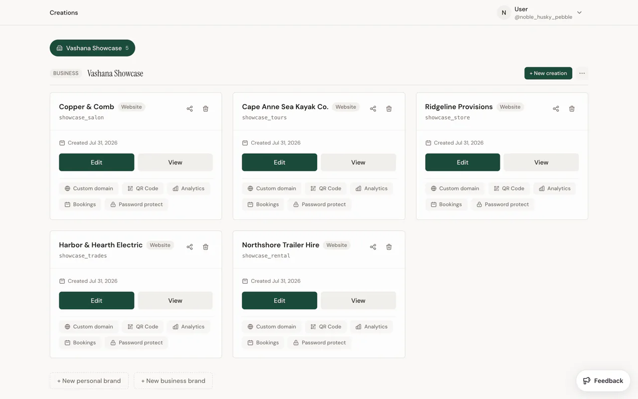The Vashana dashboard listing several sites under one brand, each with edit, preview and booking actions.