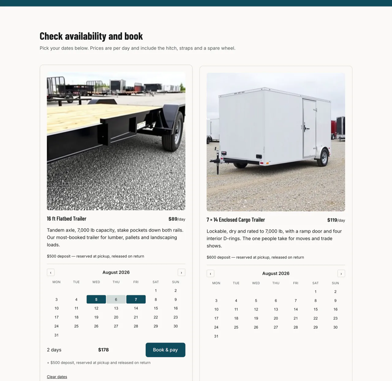 A trailer rental site with the booking calendar open and a two-day range selected, showing a $178 total beside a 16 ft flatbed trailer.