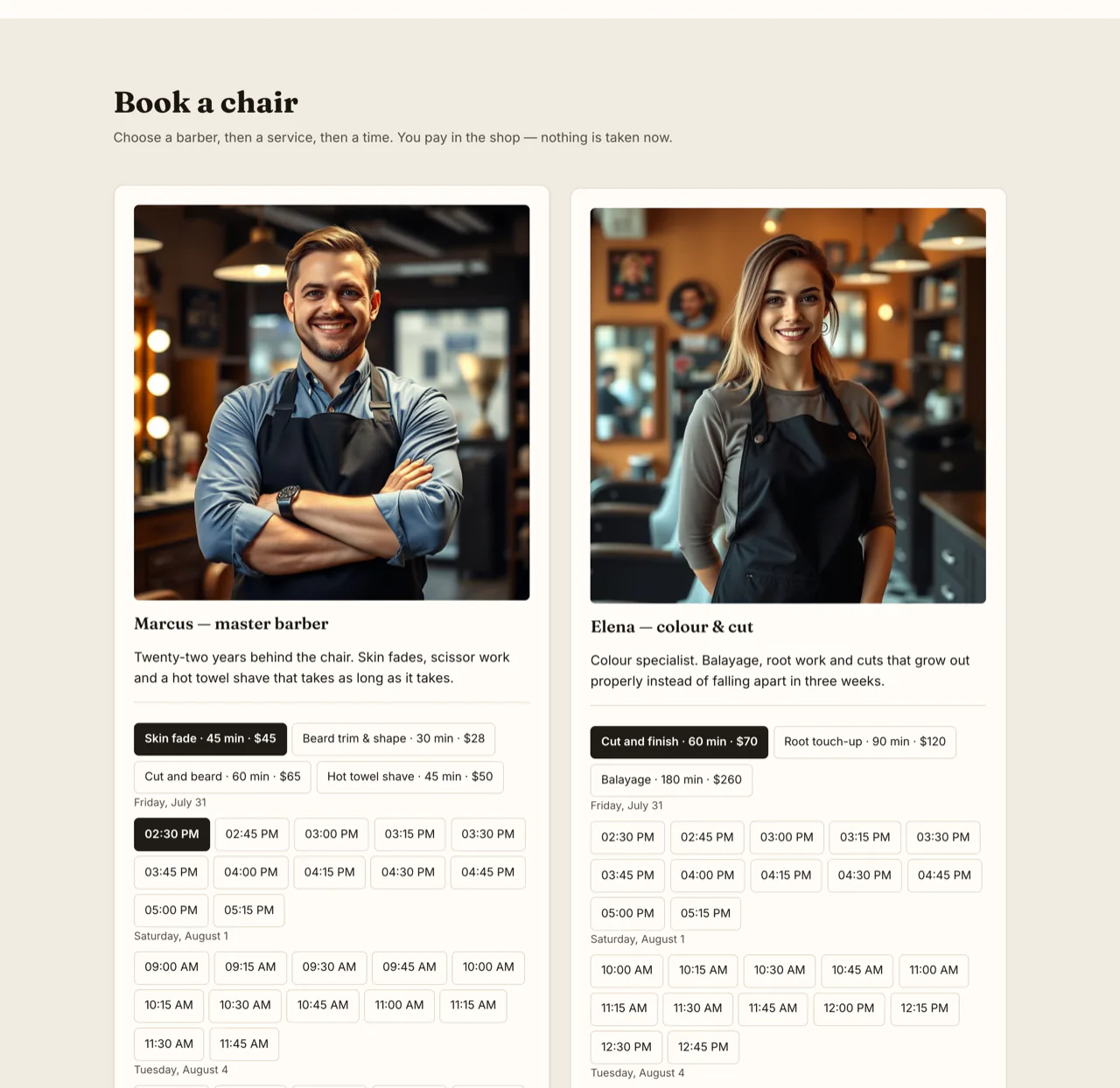 A barbershop page with a service chosen and a grid of free start times for one barber, on a site for Copper & Comb.