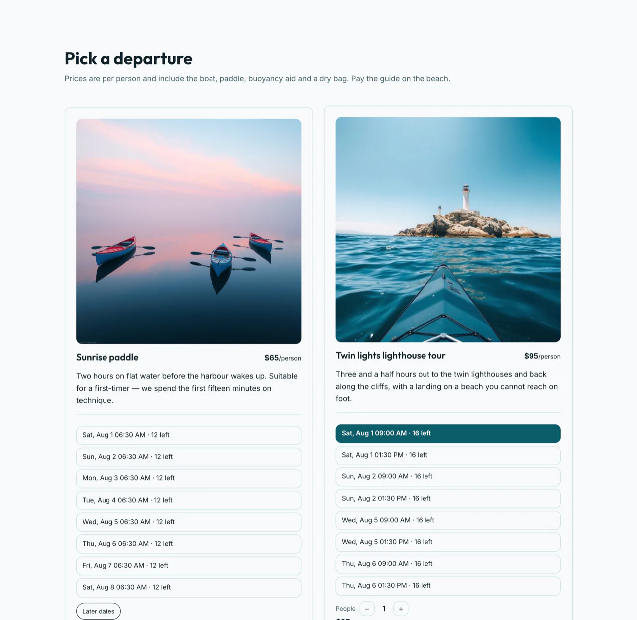 A kayak tour page listing departures with the number of places left on each, on a site for Cape Anne Sea Kayak Co.